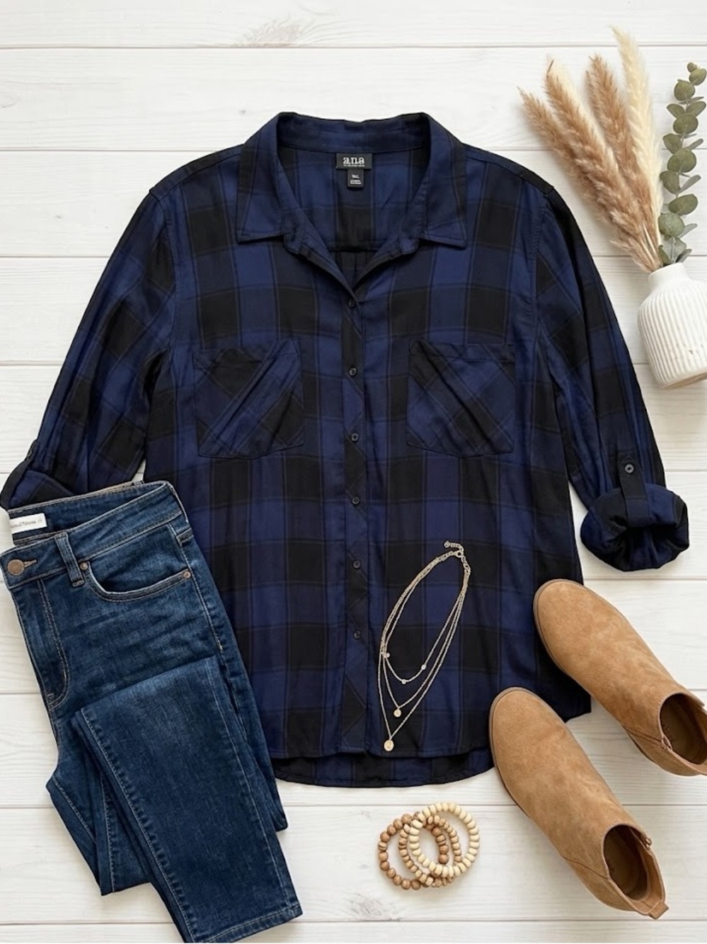 a.n.a Navy Blue and Black Plaid Button-Up Blouse